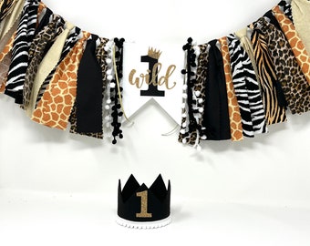 Girls boys wild one high chair banner - jungle banner - animal print - cheetah tiger zebra giraffe birthday -girls boys first birthday crown