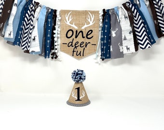 One deer ful high chair banner - boys navy and gray banner - woodland - first birthday high chair banner - boys first birthday hat - deer