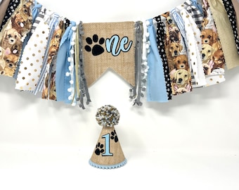 Boys puppy banner - puppy theme high chair banner - boys 1st birthday party hat - dog theme first birthday hat - paw print