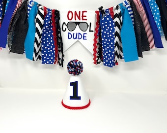 One cool dude birthday banner - high chair banner -boys cool banner and hat red white and blue - boys birthday banner - boys birthday hat