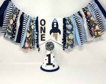Rocket ship high chair banner - boys space birthday banner - boys 1st birthday - first birthday hat - boys banner - out of this world - blue