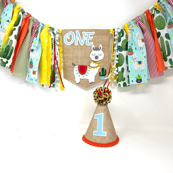 Llama high chair banner and hat - llama 1st birthday - llama birthday banner - first birthday hat - boys high chair banner - gender neutral