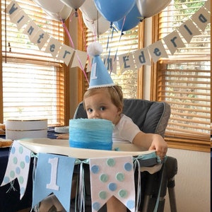 Boys 1st birthday hat - first birthday party hat - boys birthday hat - boys polka dot hat and banner - birthday hat - mini birthday hat