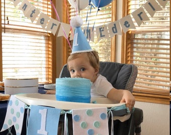 Boys 1st birthday hat - first birthday party hat - boys birthday hat - boys polka dot hat and banner - birthday hat - mini birthday hat