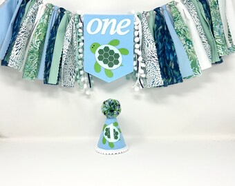Turtle birthday hat and high chair banner - one banner - blue and green turtle banner - turtle first birthday hat - boys 1st birthday