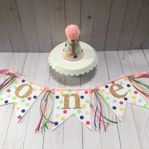 First birthday - 1st birthday party hat - half birthday hat - girls birthday hat - mini birthday hat - birthday banner - polka dot hat -gold
