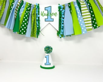 Green and blue personalized high chair banner - one banner - boys 1st birthday party hat - first birthday hat - boys banner with name