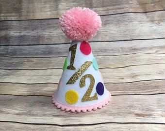 Girls half birthday hat - 1/2 birthday hat - 1st birthday hat - first birthday hat - mini birthday hat - small birthday hat -pink and gold