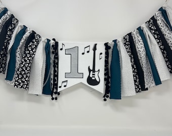 One rocks high chair banner - boys guitar birthday banner - first birthday high chair banner with guitar- teal black silver music banner