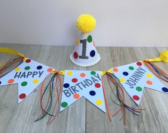 Banner de feliz aniversário - chapéu de primeiro aniversário, banner, topper de bolo - chapéu de festa de primeiro aniversário para meninos - chapéu de primeiro aniversário - banner de cadeira alta para meninos