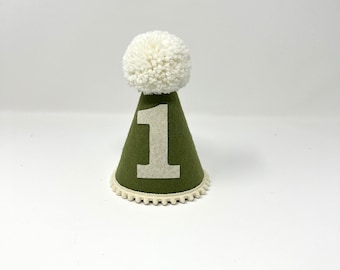 First birthday hat - sage birthday hat - 1st birthday hat - boys olive green and cream party hat - mini birthday hat - birthday hat for boy