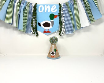 Blue duck high chair banner - boys mallard birthday banner - one lucky duck theme - mallard duck -first birthday high chair banner -one hat