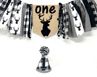 Black white and gray buffalo check high chair banner - checkered deer banner - woodland deer -first birthday hat -boys high chair banner