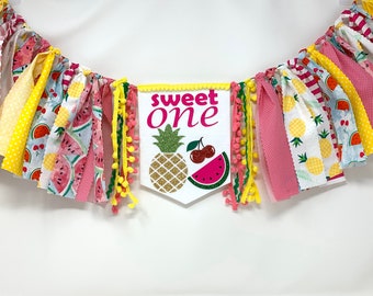 Sweet one high chair banner - fruit one banner - 1st birthday party hat - girls first birthday - pineapple watermelon cherry -two-tti fruity