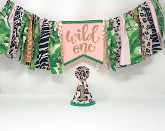 Girls animal print high chair banner - pink wild one jungle banner - tropical leaves cheetah first birthday - girls first birthday hat