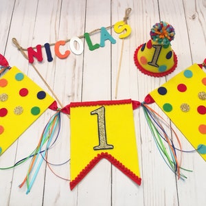 First birthday hat, banner, cake topper - boys 1st birthday party hat - first birthday hat - boys high chair banner - mini birthday hat