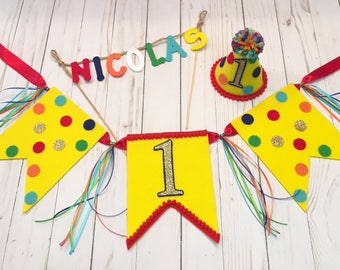 Chapéu de primeiro aniversário, banner, topper de bolo - chapéu de festa de primeiro aniversário para meninos - chapéu de primeiro aniversário - banner de cadeira alta para meninos - mini chapéu de aniversário