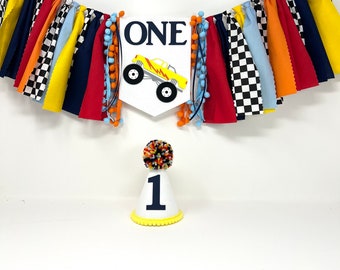 Monster truck banner voor eerste verjaardag - jongens monster truck verjaardag banner - jongens 1e verjaardag feesthoed - eerste verjaardag hoed - stoffen banner