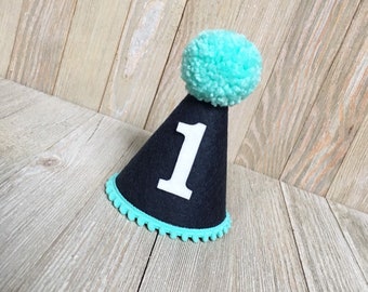 Boys birthday hat - first birthday hat - 1st birthday hat - navy and aqua birthday hat - cake smash - birthday hat for boy