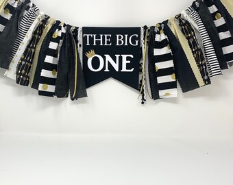 The big one high chair banner - boys black gold and white banner and crown - boys birthday high chair banner - boys first birthday - one