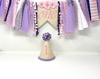 Girls high chair banner - 1st birthday party - pink purple lavender - first birthday banner -  pink lace high chair banner - first birthday