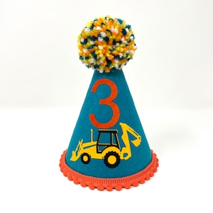 First birthday construction hat - backhoe theme birthday hat - boys 1st birthday hat - teal orange yellow - birthday hat with tractor