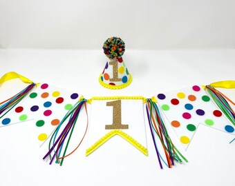 One high chair banner - first birthday - highchair banner - boys girls birthday hat - first birthday hat - rainbow banner - polka dot