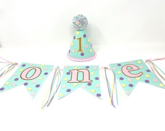 One high chair banner - Girls 1st birthday hat and banner - polka dot banner - first birthday hat - girls highchair banner - mint and pink