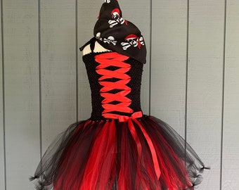 Costume de pirate - tutu de pirate - robe d'anniversaire de pirate - robe tutu - costume d'halloween - tutu rouge et noir - robe tutu rouge - habillage de filles