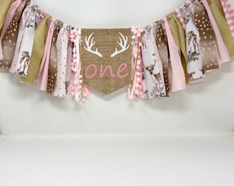 Girls deer high chair banner -pink and gold- girls 1st birthday - oh deer theme - first birthday deer banner -high chair banner -girls first