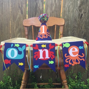 Boys under the sea birthday hat and banner - first birthday - sea life - beach theme - birthday hat - high chair banner - shark whale crab