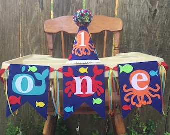 Boys under the sea birthday hat and banner - first birthday - sea life - beach theme - birthday hat - high chair banner - shark whale crab