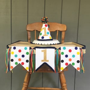 Boys high chair banner - first birthday - highchair banner - boys birthday hat - first birthday hat - rainbow banner - polka dot