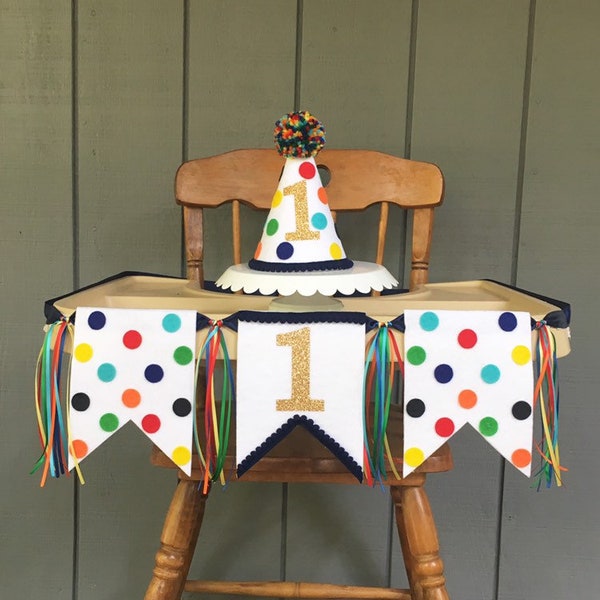 Boys high chair banner - first birthday - highchair banner - boys birthday hat - first birthday hat - rainbow banner - polka dot