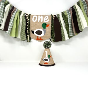 Lucky duck high chair banner - boys first birthday banner - sage olive and brown -mallard duck - first birthday banner -boys birthday hat