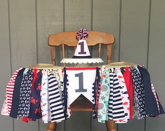 Nautical high chair banner - boys blue and red birthday banner - anchor banner - first birthday hat - boys high chair banner - under the sea