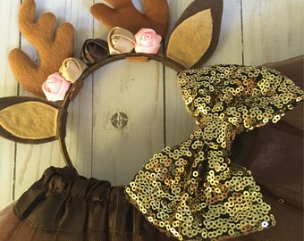 Costume Cerf Lumineux Enfant - Jupe LED + Bandeau Oreilles + Chaussettes - Taille 3-8 Ans - Pour Halloween, Noël, Fêtes