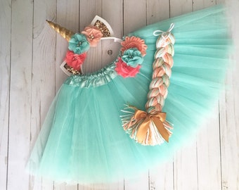 Unicorn costume - aqua unicorn outfit - pastel unicorn tutu - halloween costume - tutu costume - gold unicorn headband -unicorn birthday out