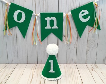 1st birthday hat and banner - green first birthday hat - boys high chair banner - green and white hat and banner