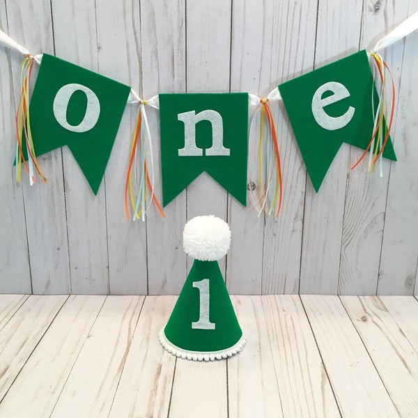 1st birthday hat and banner - green first birthday hat - boys high chair banner - green and white hat and banner