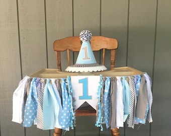 男の子用ハイチェアバナー - 1歳の誕生日バナー - 男の子用ブルー 1歳の誕生日パーティーハット - 1歳の誕生日ハット - 男の子用ハイチェアバナー - ライトブルー
