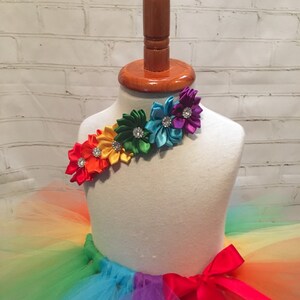 Puede incluir: Falda de tut&uacute; de tul arco&iacute;ris con un lazo de sat&eacute;n rojo y una corona de flores hecha de flores de cinta de sat&eacute;n de colores con pedrer&iacute;a.