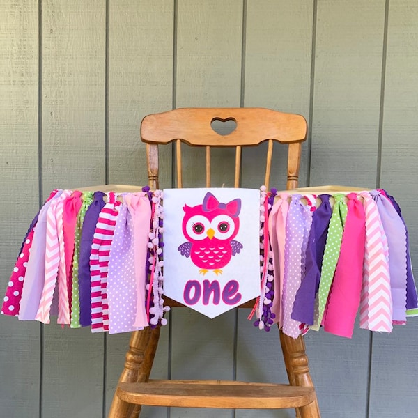 Owl high chair banner - 1st birthday party hat - owl birthday banner - first birthday banner -  girls high chair banner -pink and purple owl