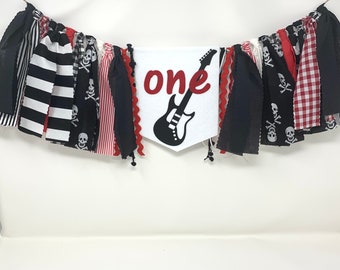 One rocks high chair banner - boys first birthday banner - first birthday high chair banner with guitar- red and black birthday banner