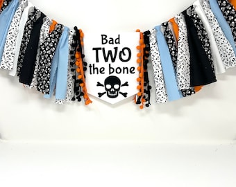 Bad two the bone high chair banner - boys first birthday banner - second birthday skull high chair banner -black blue orange birthday banner