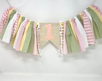 Sage pink and yellow high chair banner - one banner - girls 1st birthday party hat - first birthday banner - girls high chair banner - green