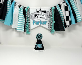 Formula 1 high chair banne with name -first birthday hat - F1 racing banner - first birthday hat - personalized high chair banner and hat