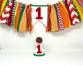 One high chair banner - first birthday banner -boys 1st birthday party hat - red orange green yellow -boys or girls banner -first birthday