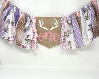 Girls woodland high chair banner - pink and purple deer 1st birthday - oh deer theme - first birthday deer banner -high chair banner