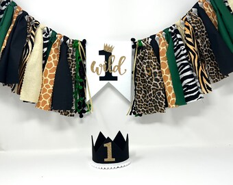 Wild one high chair banner - green jungle banner - animal print - cheetah tiger zebra giraffe birthday -black first birthday crown